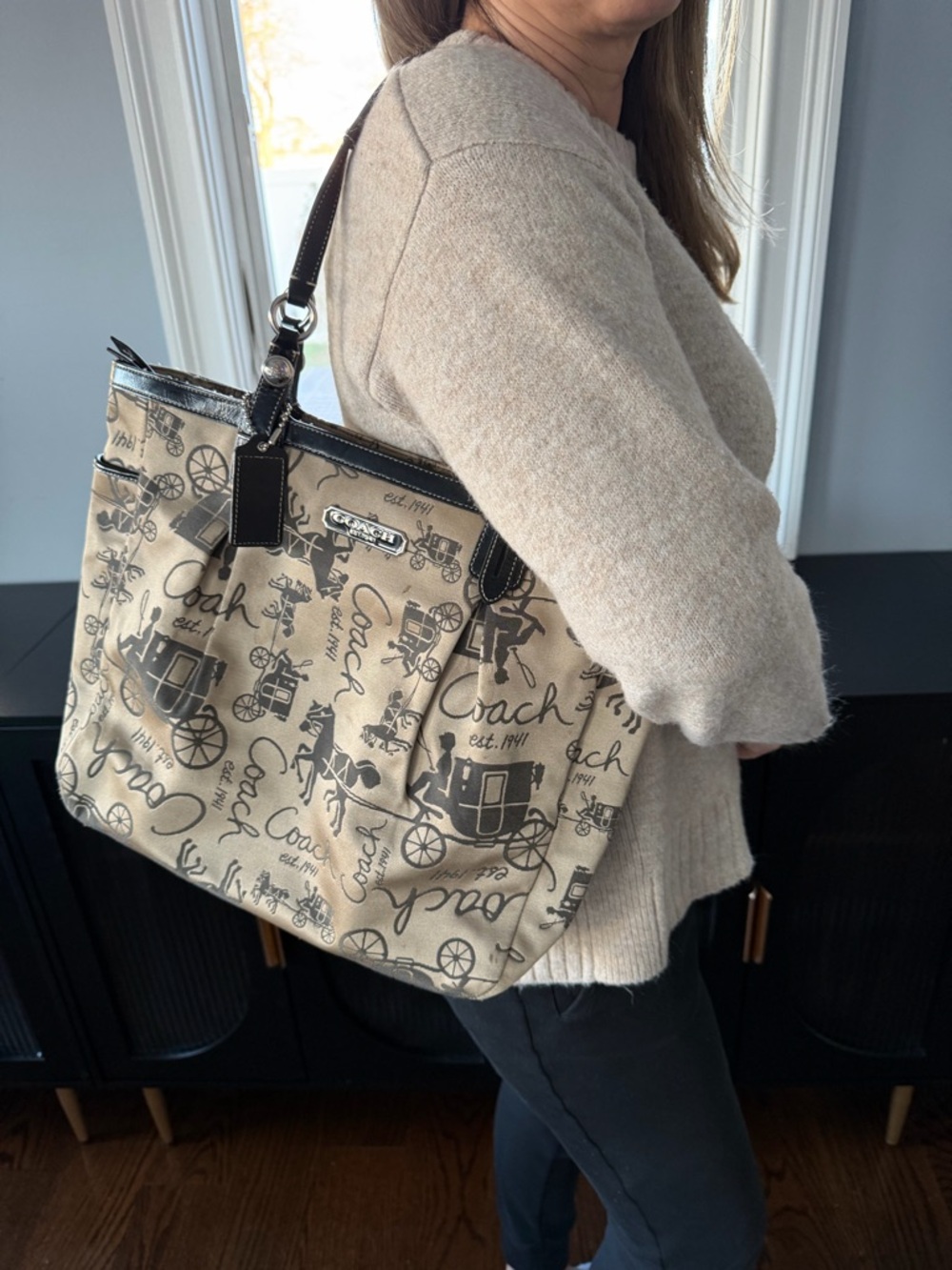 Coach Horse And Carriage East West Beige and Black Graphic Tote - Picture 6 of 7